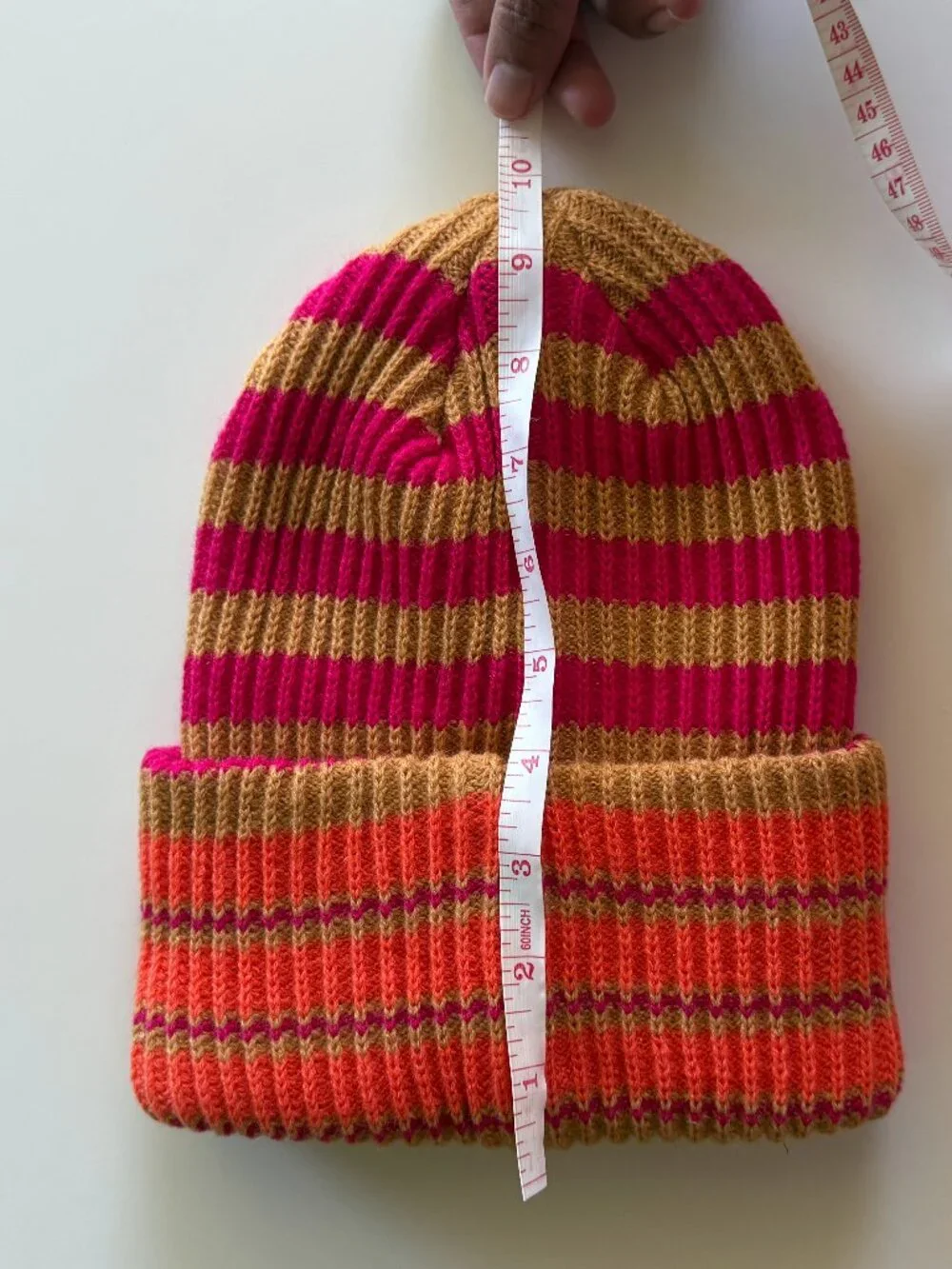 By Anthropologie Striped Knit Cuffed Beanie Pink Orange Gold PP Motif One Size